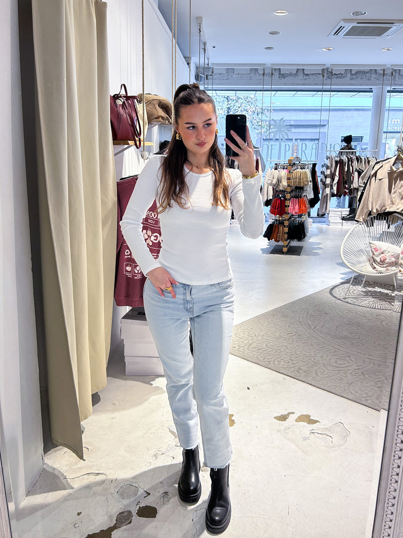 Ribbed Langarm Shirt Weiß