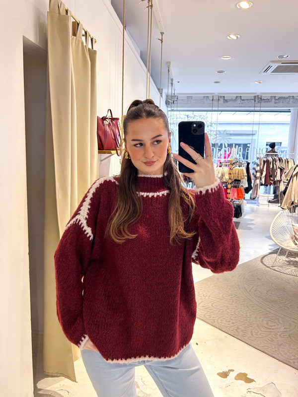 Strickpullover mit farbiger Naht Weinrot