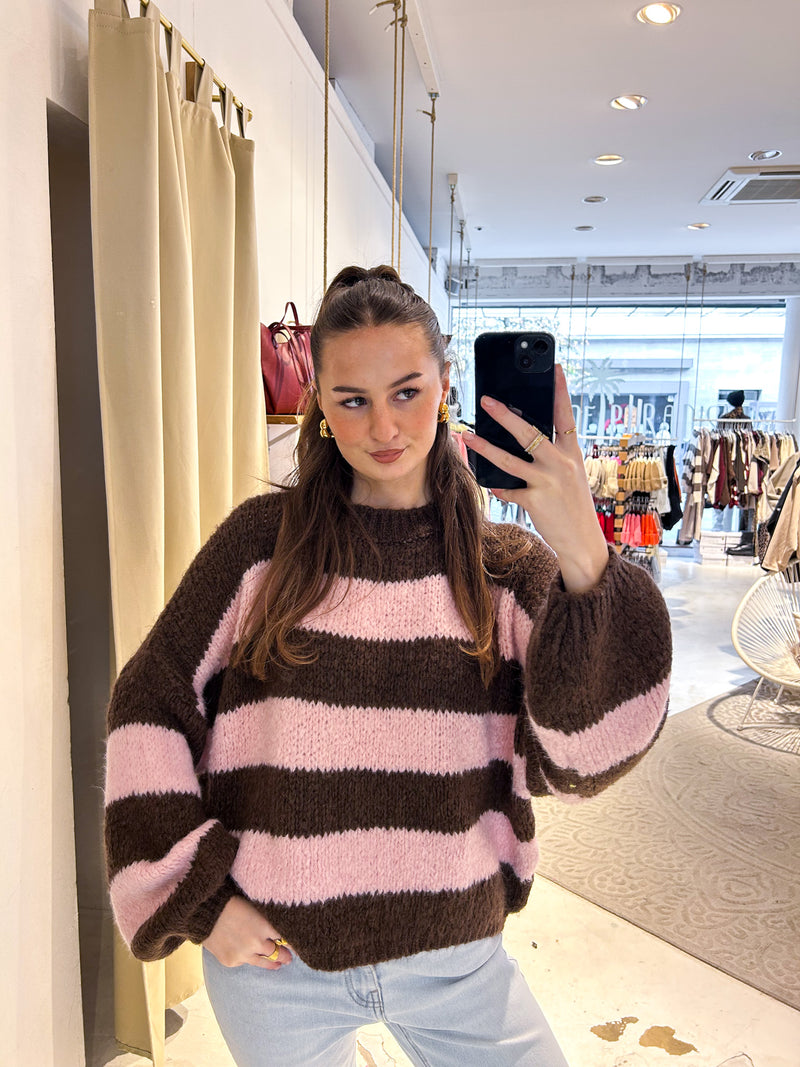 Oversized Strickpullover Gestreift Braun/Pink