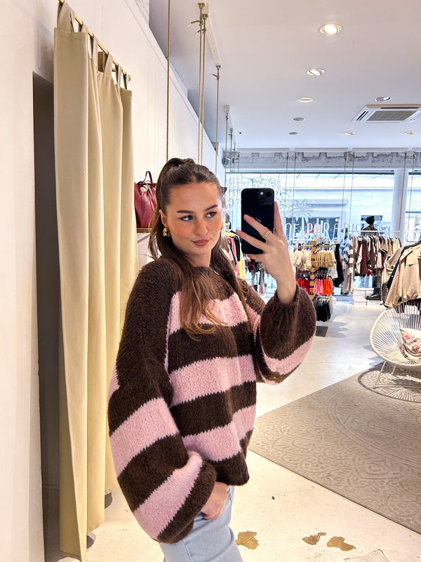 Oversized Strickpullover Gestreift Braun/Pink