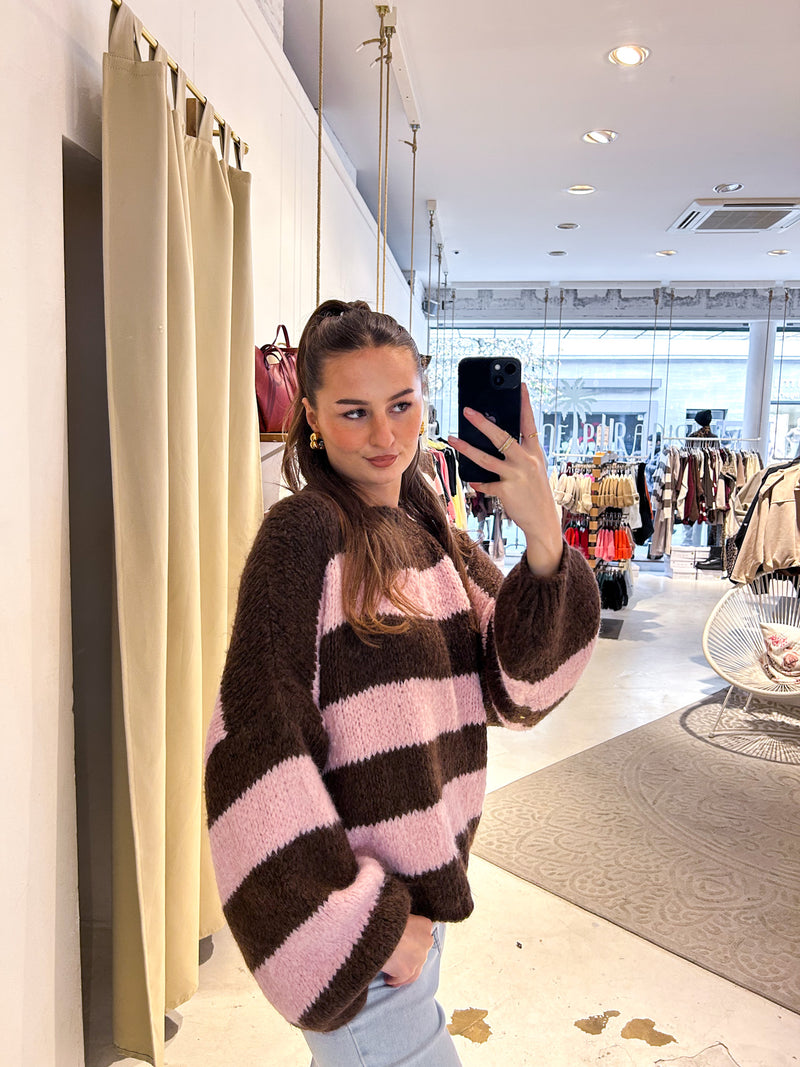 Oversized Strickpullover Gestreift Braun/Pink