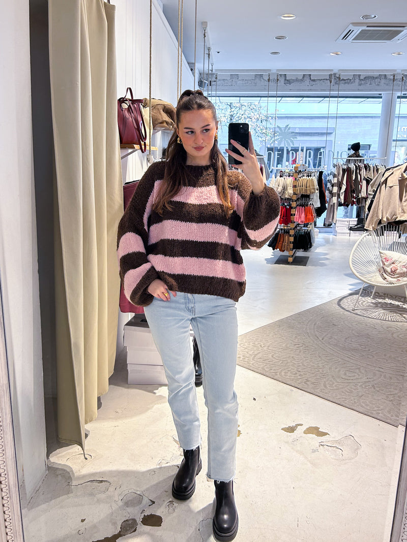 Oversized Strickpullover Gestreift Braun/Pink