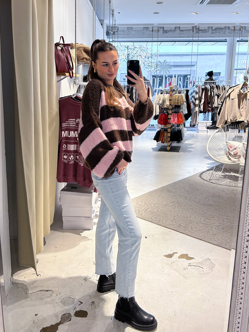 Oversized Strickpullover Gestreift Braun/Pink
