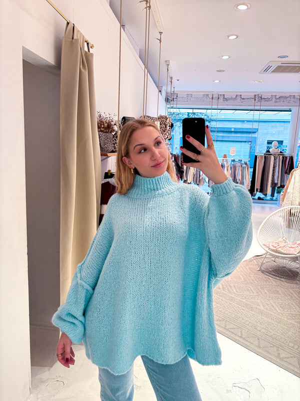 Oversized Strickpullover mit Stehkragen Hellblau