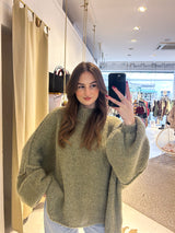 Oversized Strickpullover mit Stehkragen Olive