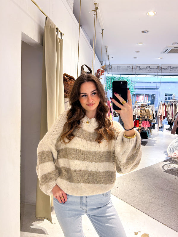 Oversized Strickpullover Gestreift Taupe