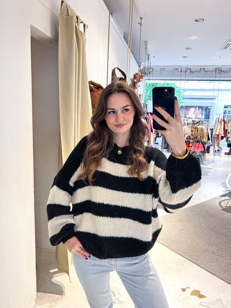 Oversized Strickpullover Gestreift Schwarz