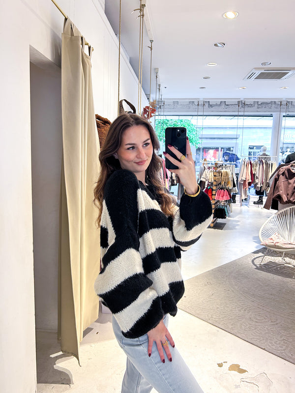 Oversized Strickpullover Gestreift Schwarz