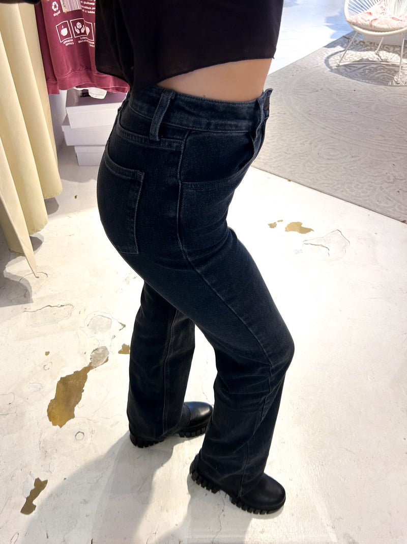 Wide Leg Extra Long Jeans Cut Washed Black