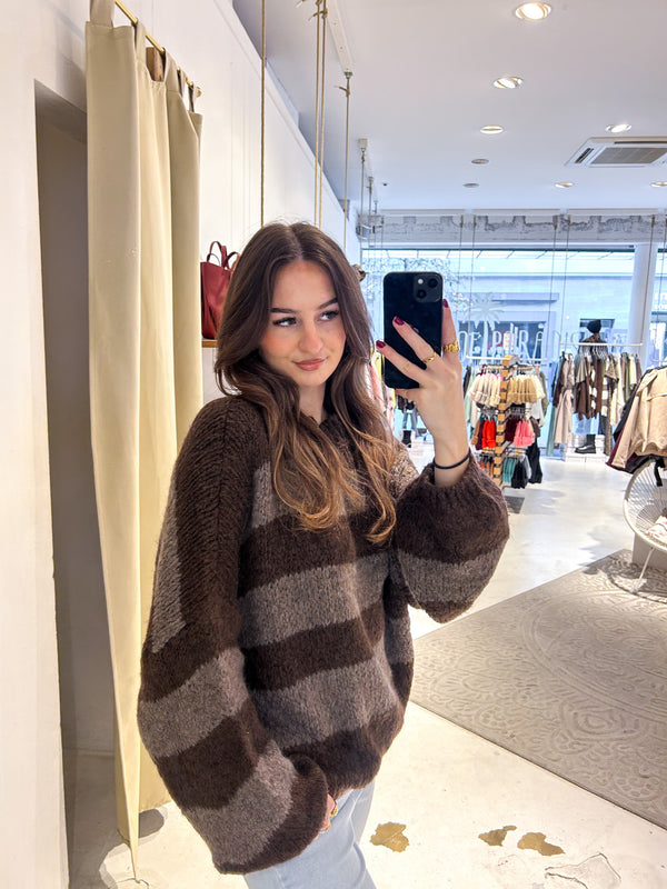 Oversized Strickpullover Gestreift Dunkelbraun/Hellbraun
