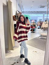 Oversized Strickpullover Gestreift mit Stehkragen Weinrot