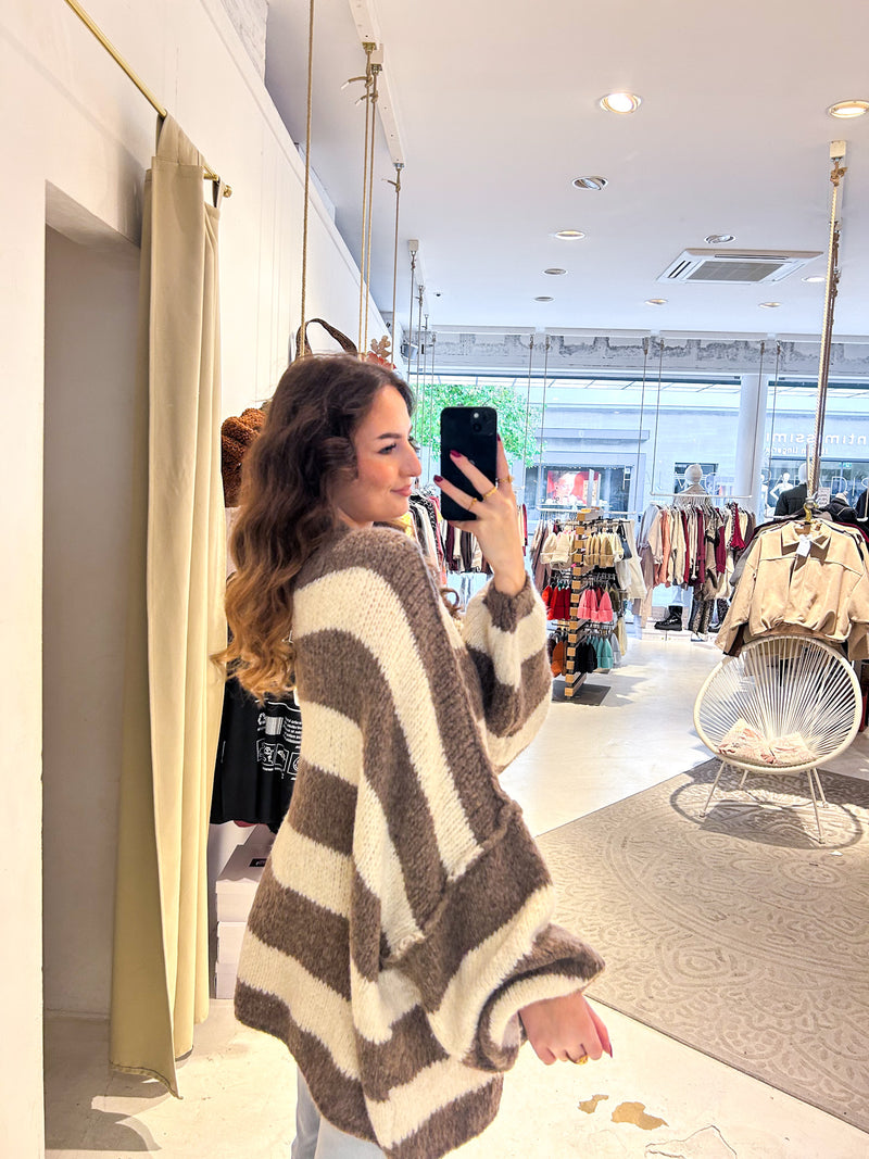Oversized Strickpullover Gestreift mit Stehkragen Braun