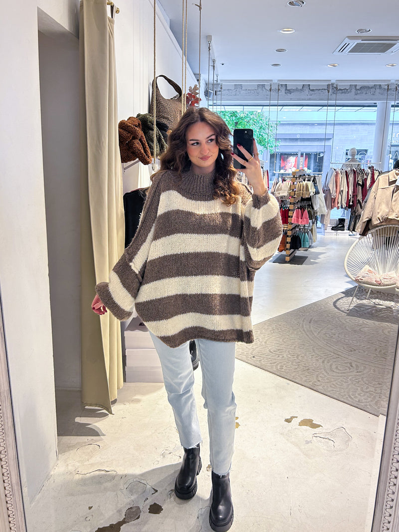 Oversized Strickpullover Gestreift mit Stehkragen Braun