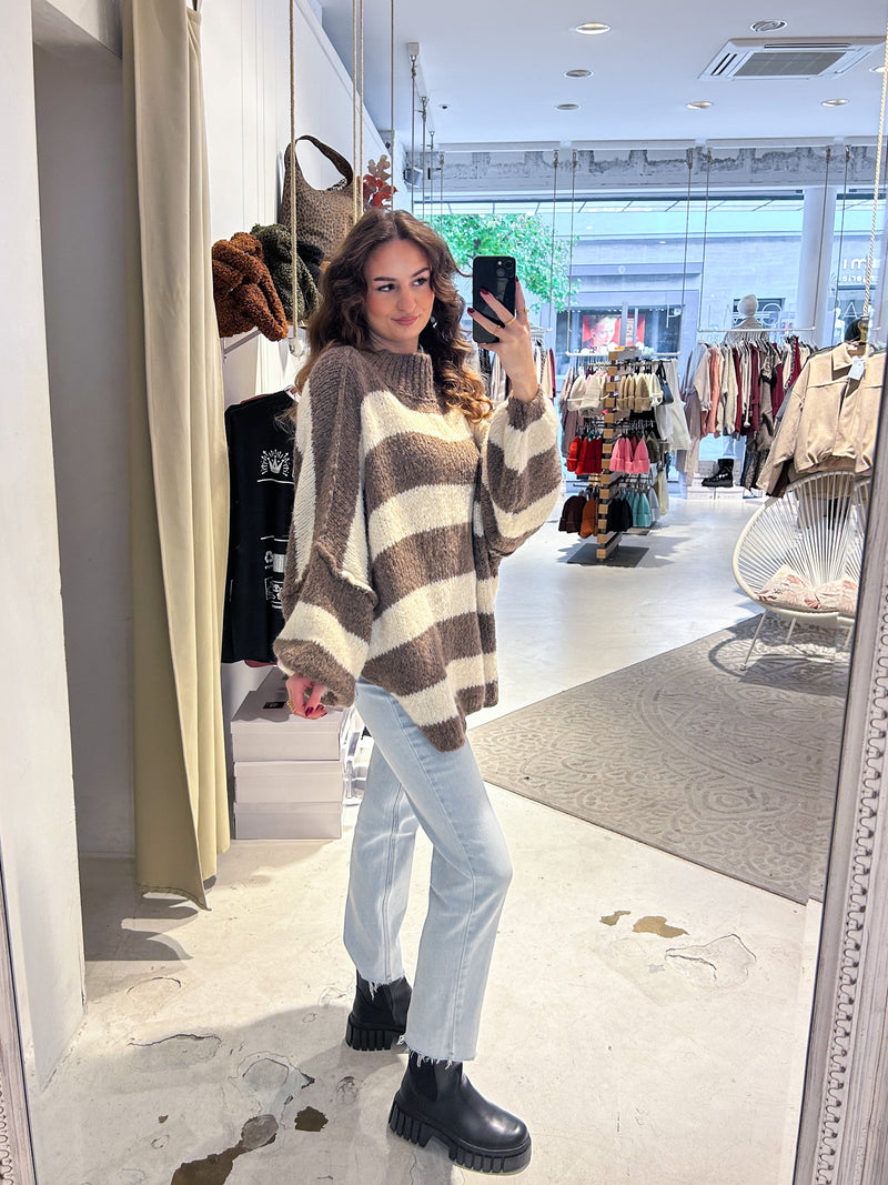Oversized Strickpullover Gestreift mit Stehkragen Braun