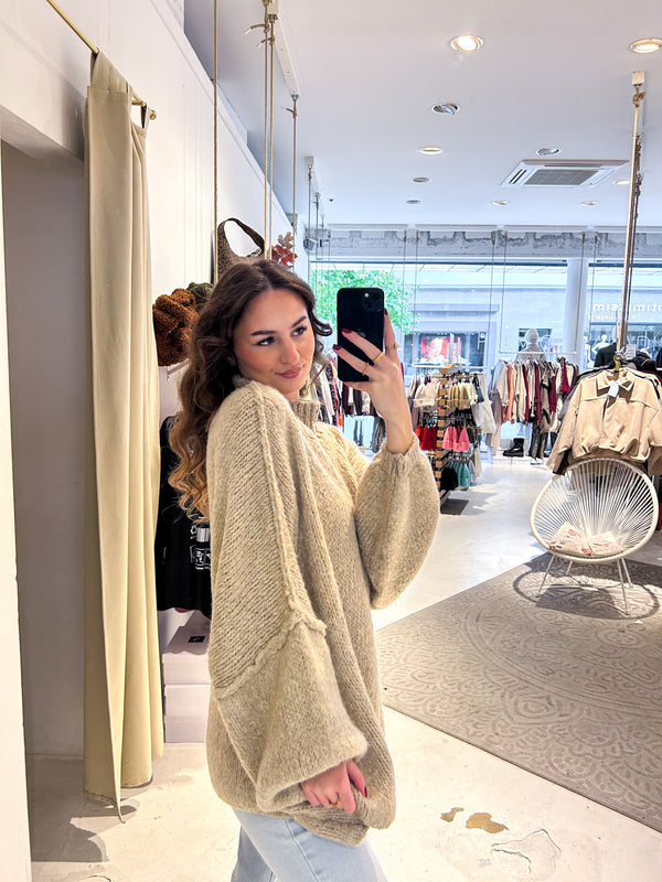 Oversized Strickpullover mit Stehkragen Taupe
