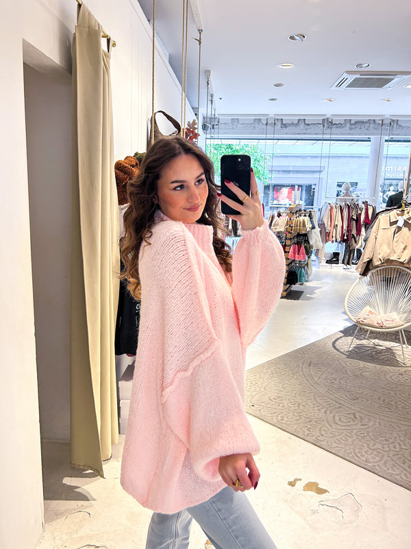 Oversized Strickpullover mit Stehkragen Rosa