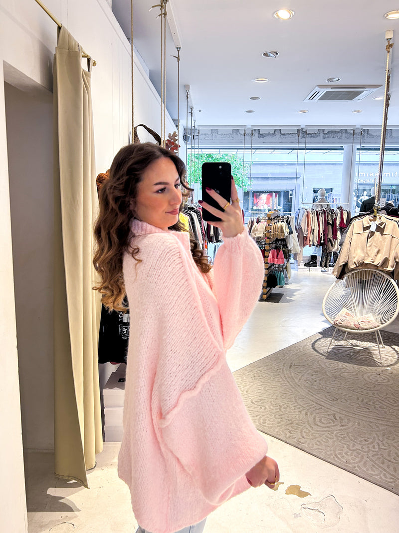 Oversized Strickpullover mit Stehkragen Rosa