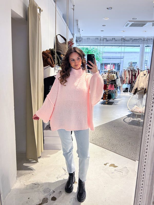 Oversized Strickpullover mit Stehkragen Rosa