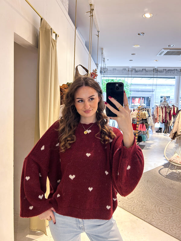Oversized Strickpullover mit kleinen Herzen Weinrot/Creme
