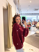 Oversized Strickpullover mit kleinen Herzen Weinrot/Creme
