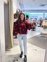 Oversized Strickpullover mit kleinen Herzen Weinrot/Creme
