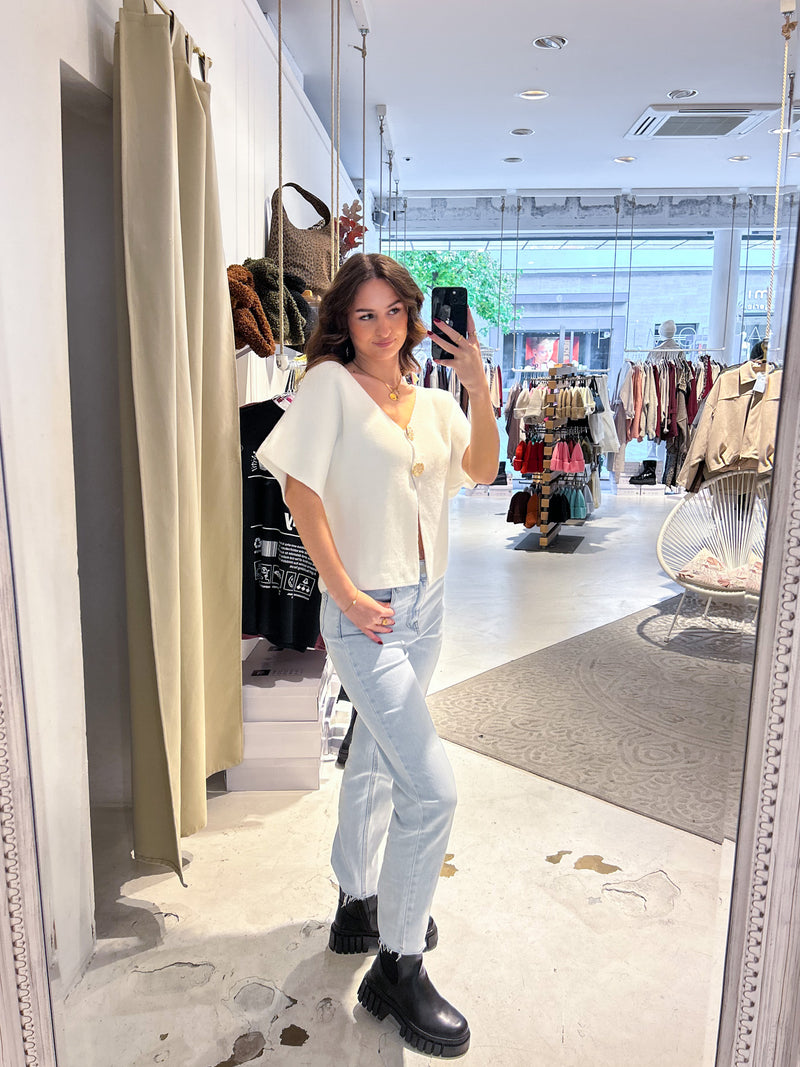 Kurzarm Strickjacke Creme