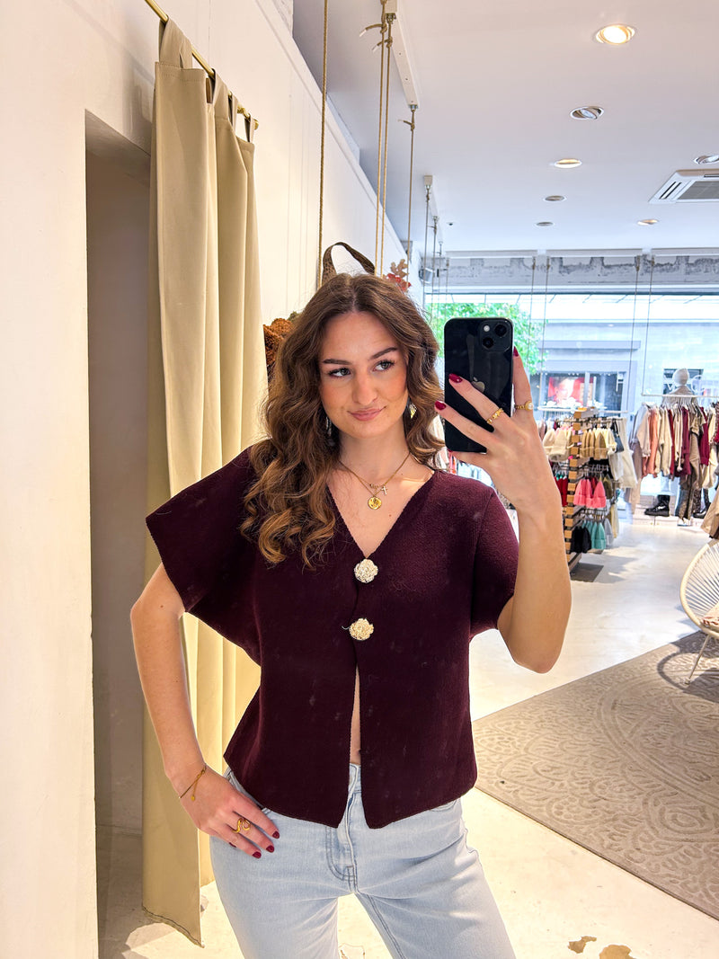 Kurzarm Strickjacke Weinrot