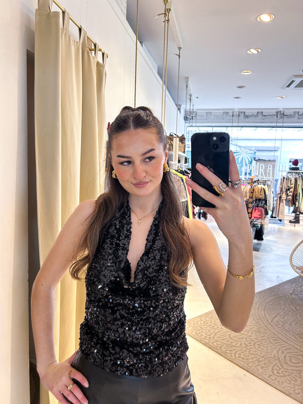 Neckholder Top mit Pailletten Schwarz