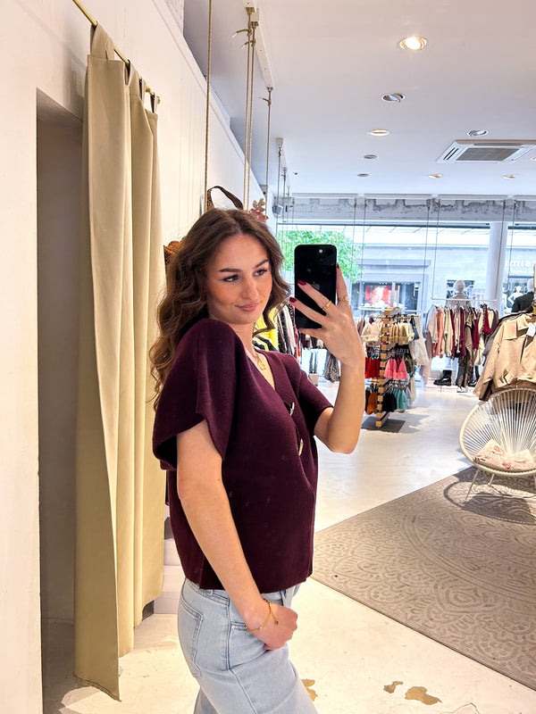 Kurzarm Strickjacke Weinrot