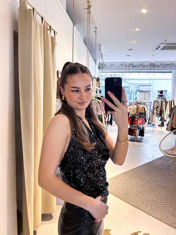Neckholder Top mit Pailletten Schwarz