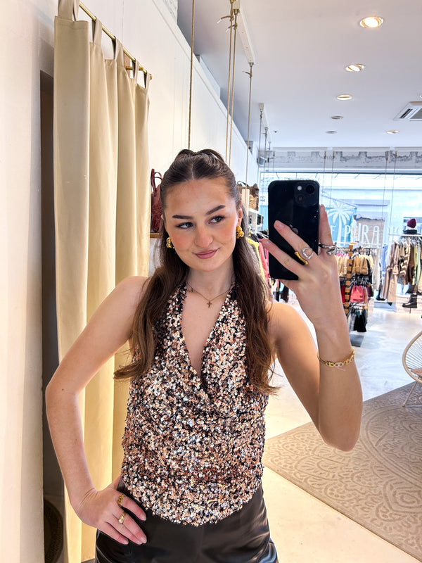 Neckholder Top mit Pailletten Rose