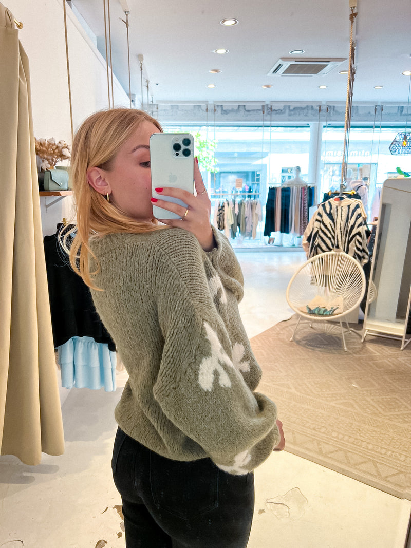 Oversized Strickpullover mit Schleifen Olive