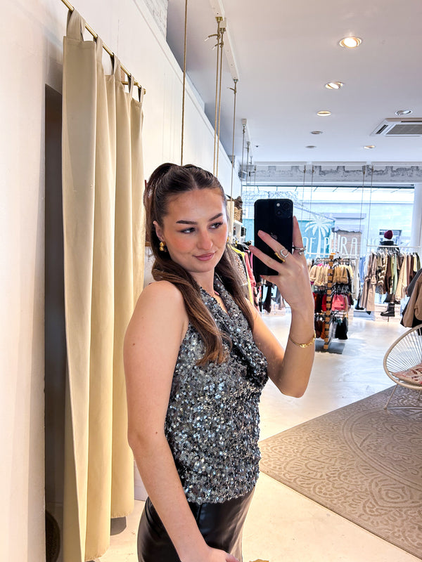 Neckholder Top mit Pailletten Silber