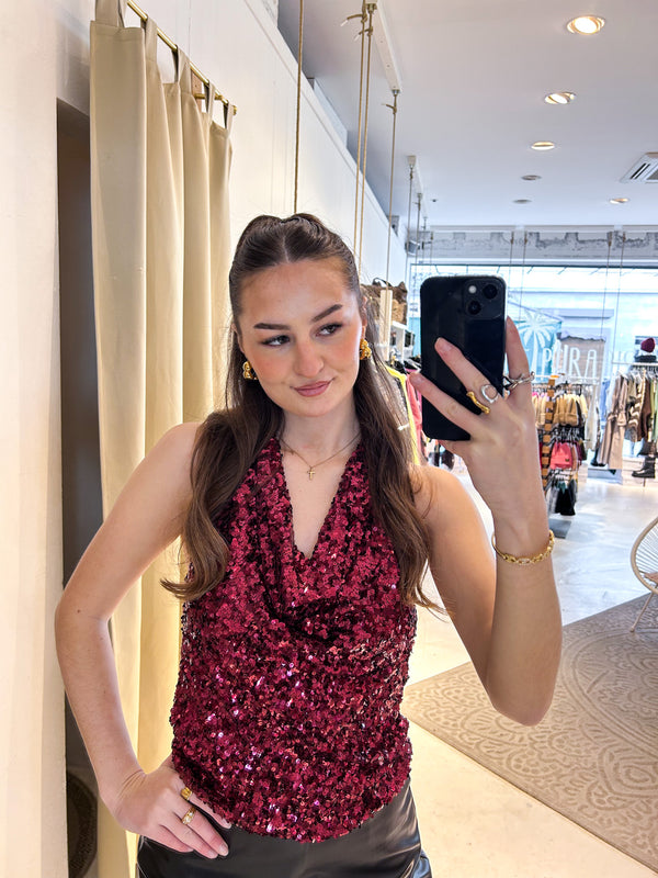 Neckholder Top mit Pailletten Weinrot