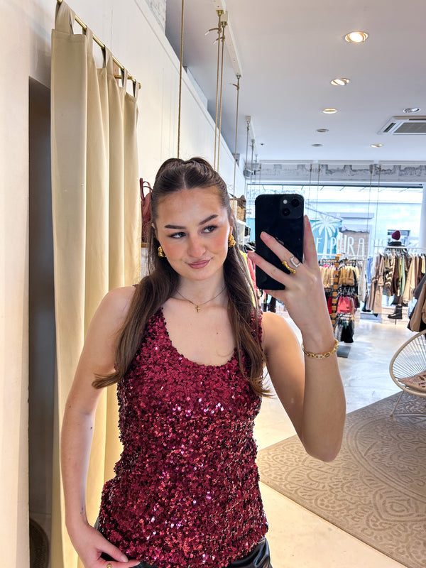 Top mit Pailletten Weinrot