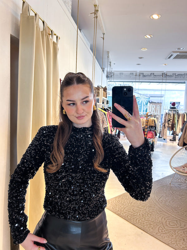 Langarm Shirt mit Pailletten Schwarz