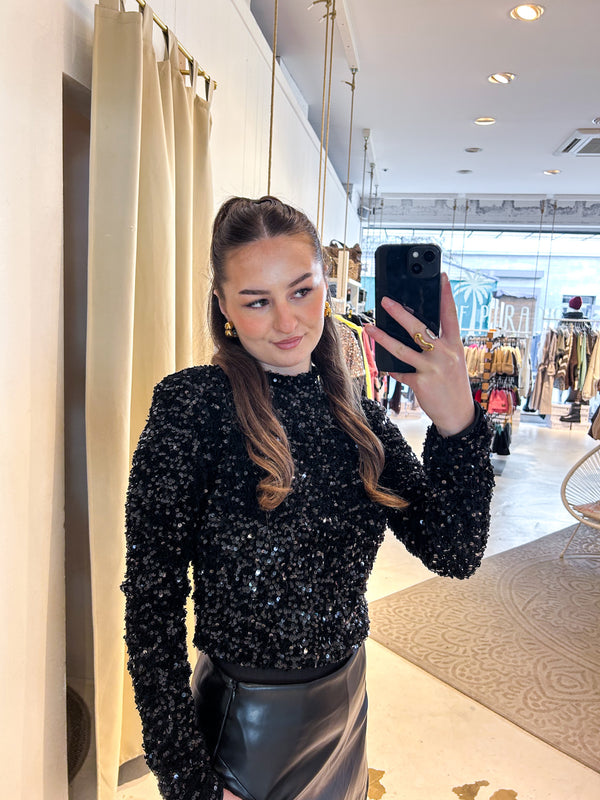 Langarm Shirt mit Pailletten Schwarz