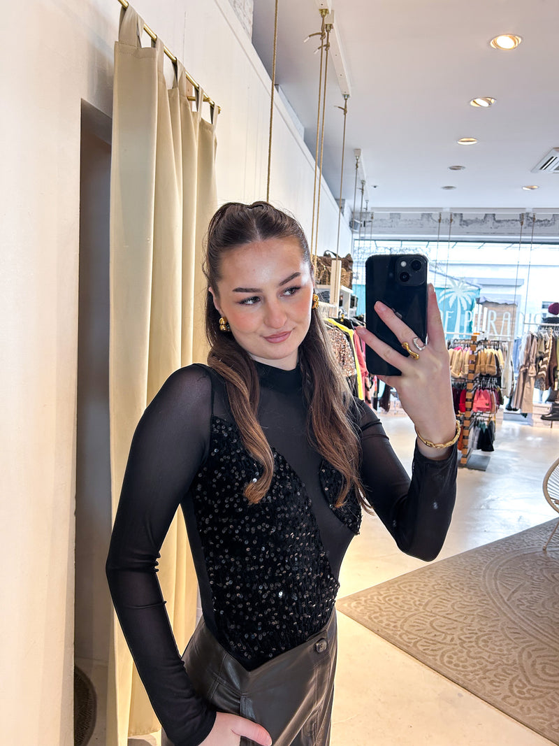 Mesh Body mit Pailletten Schwarz