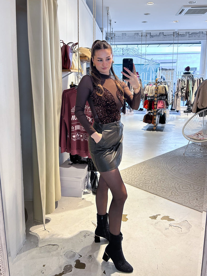 Mesh Body mit Pailletten Braun