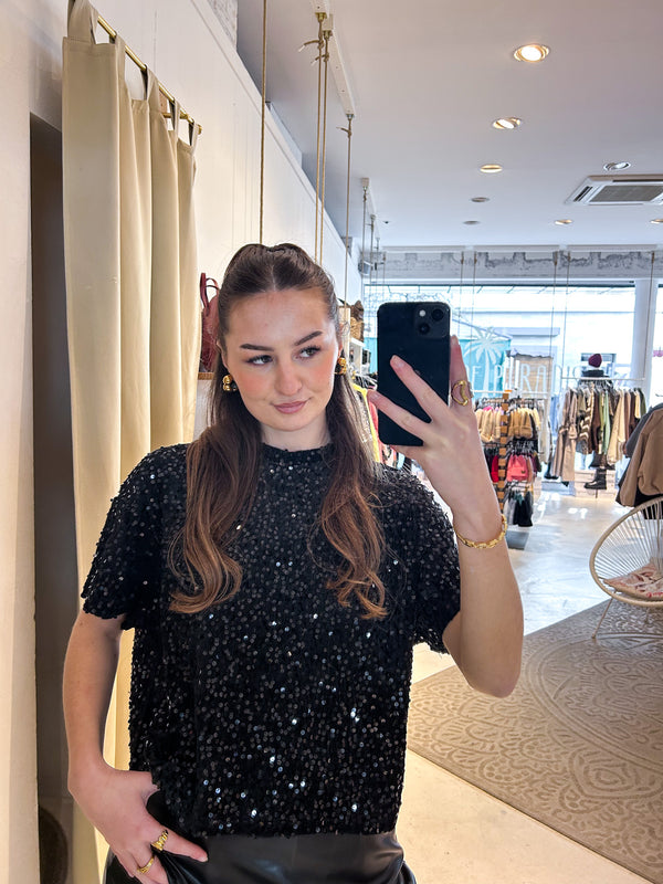 Cropped Tee mit Pailletten Schwarz