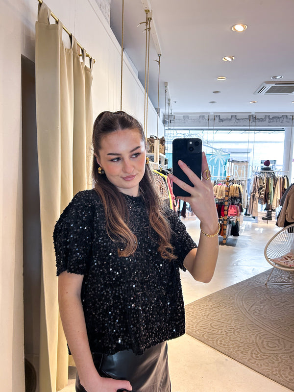 Cropped Tee mit Pailletten Schwarz