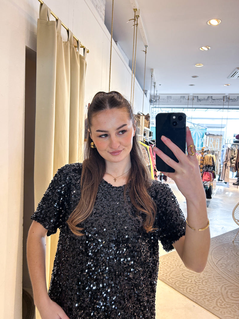 Kurzarm Kleid mit Pailletten Schwarz