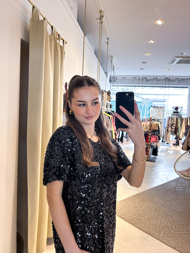 Kurzarm Kleid mit Pailletten Schwarz