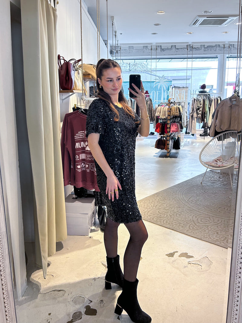Kurzarm Kleid mit Pailletten Schwarz