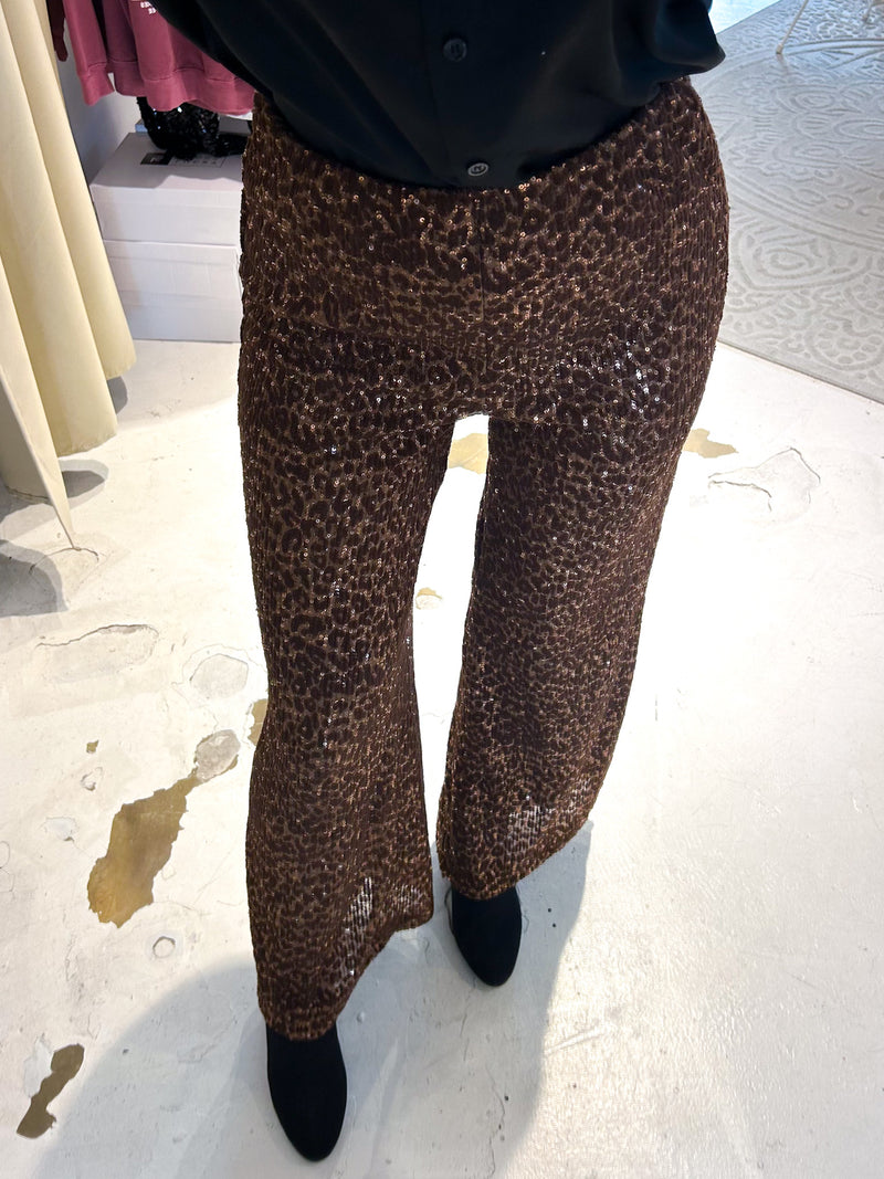 Hose mit Pailletten und Leomuster Braun