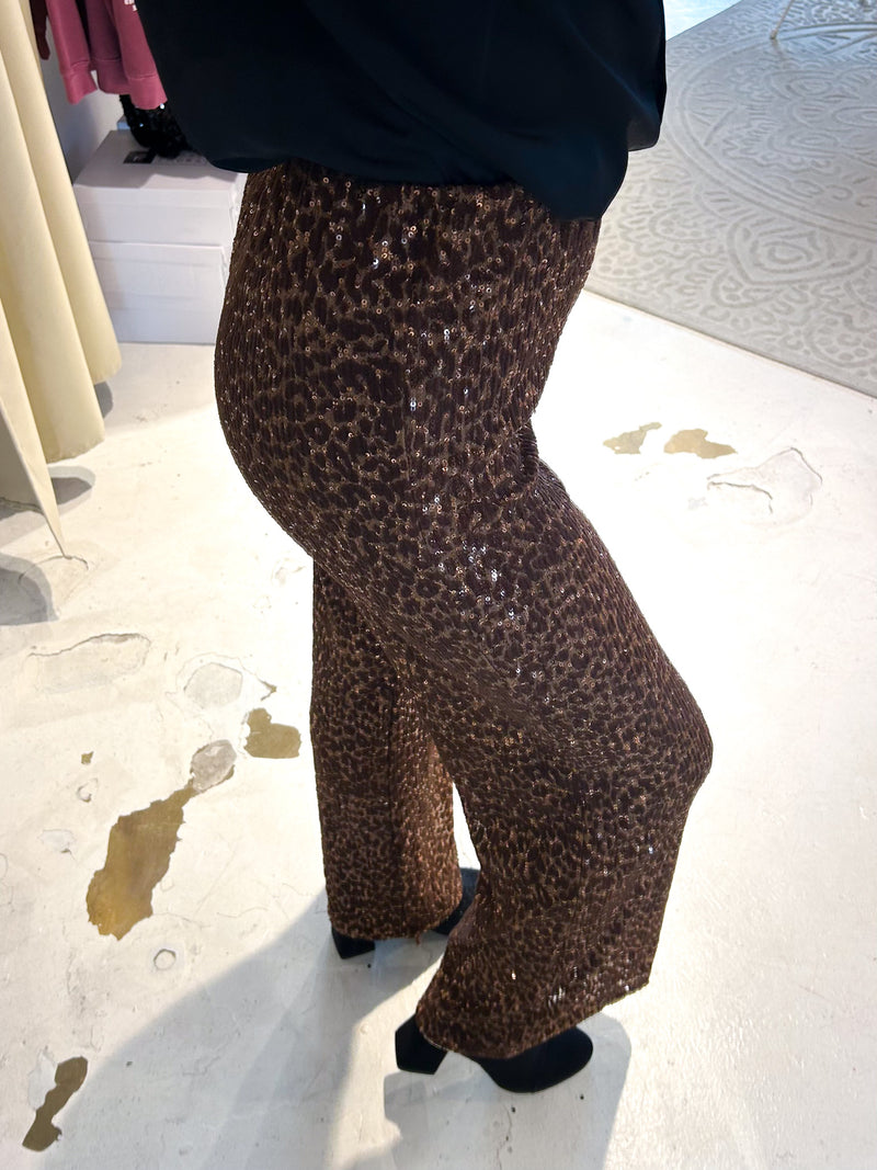 Hose mit Pailletten und Leomuster Braun