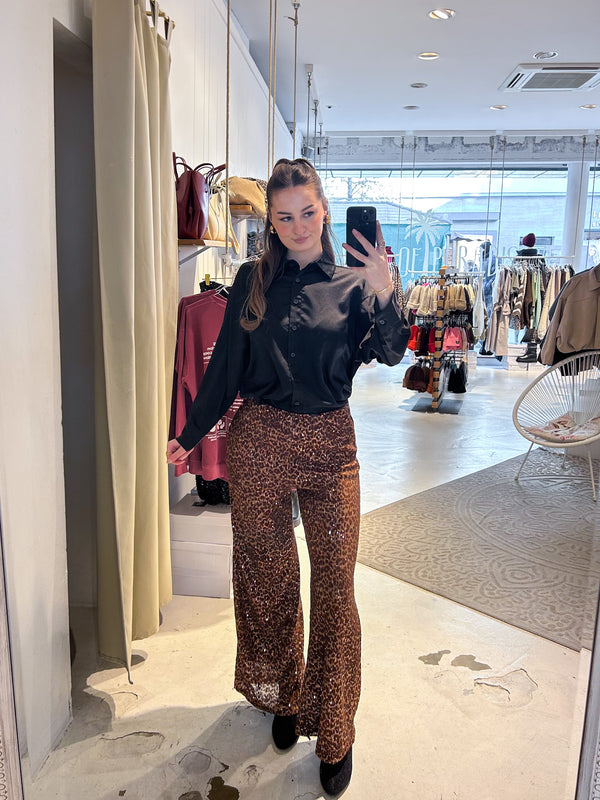 Hose mit Pailletten und Leomuster Braun