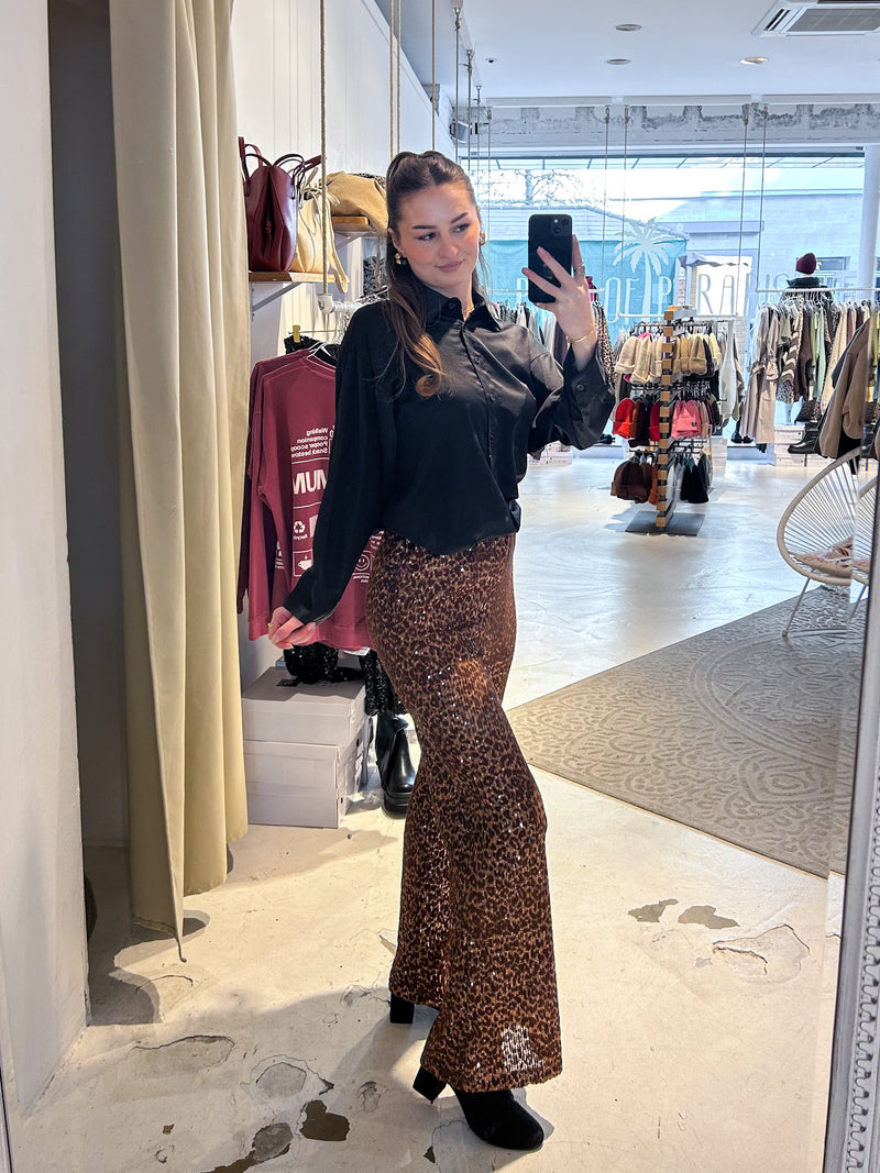 Hose mit Pailletten und Leomuster Braun