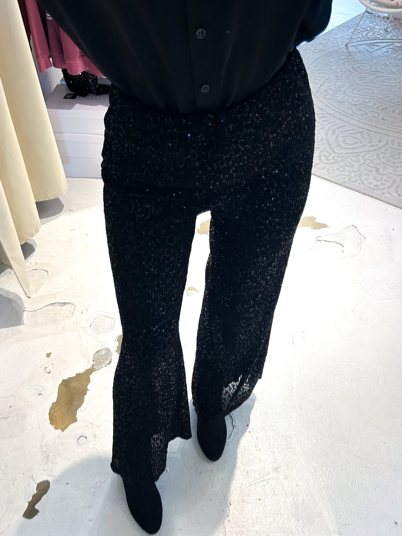 Hose mit Pailletten und Leomuster Schwarz
