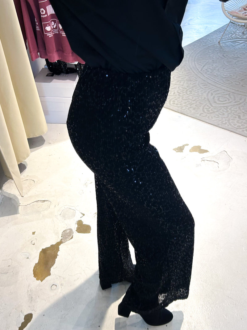 Hose mit Pailletten und Leomuster Schwarz
